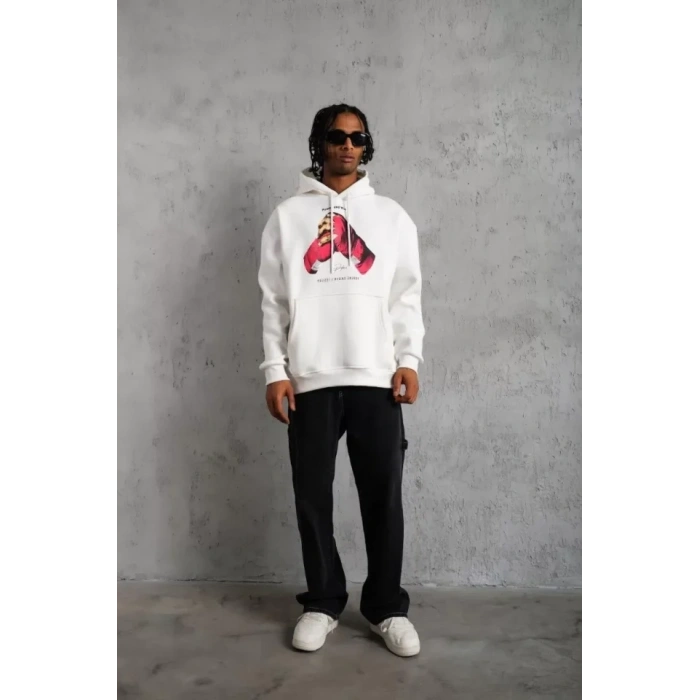 MARSiLYAN- Erkek Eldiven Baskılı Kapüşonlu Sweat - Beyaz