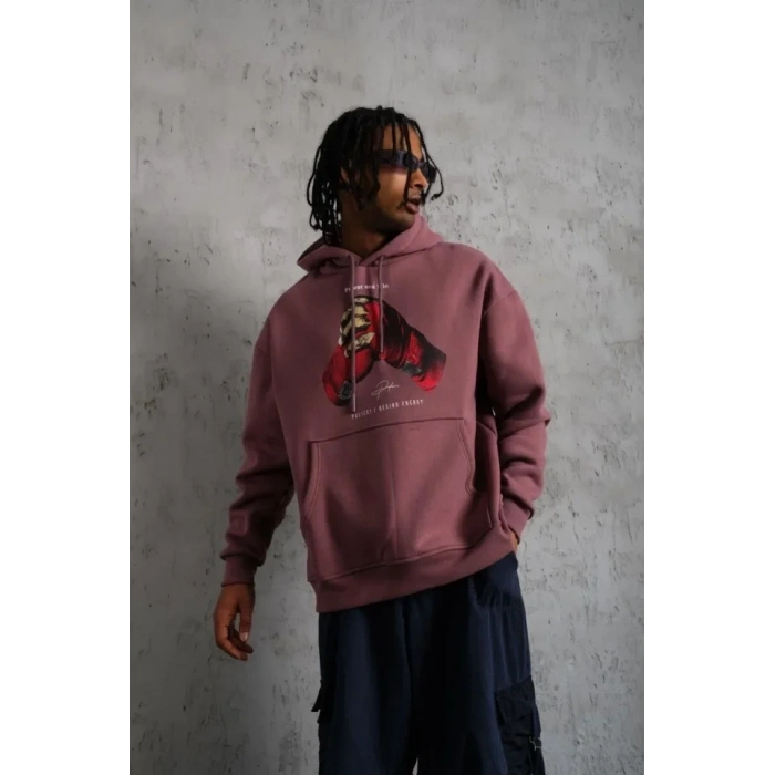 MARSiLYAN- Erkek Eldiven Baskılı Kapüşonlu Sweat - Gül Kurusu