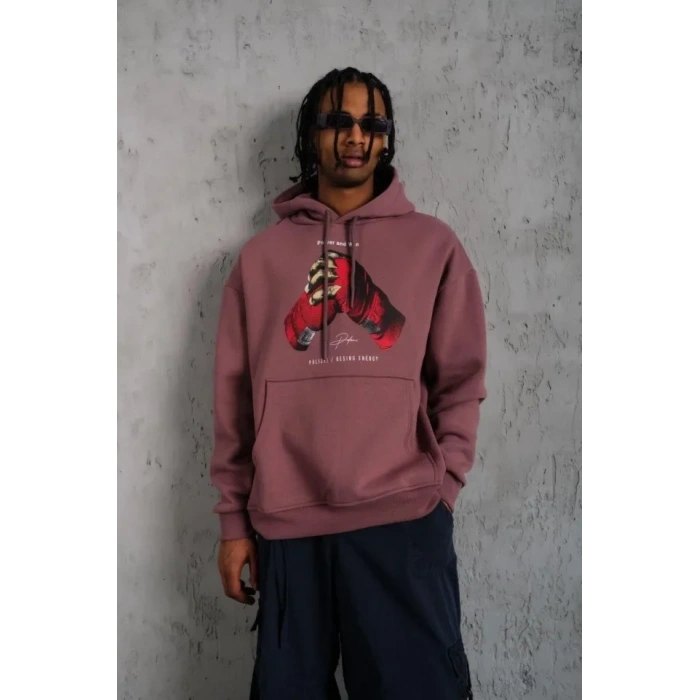 MARSiLYAN- Erkek Eldiven Baskılı Kapüşonlu Sweat - Gül Kurusu