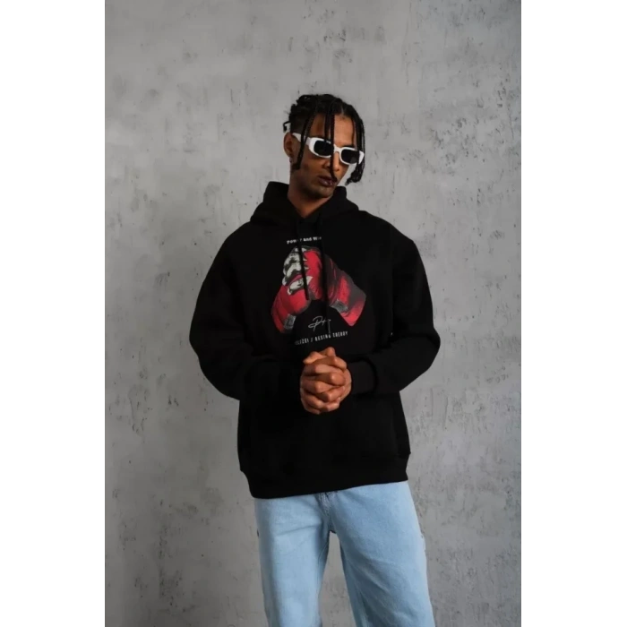 MARSiLYAN- Erkek Eldiven Baskılı Kapüşonlu Sweat - Siyah