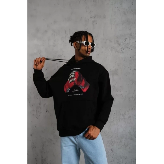 MARSiLYAN- Erkek Eldiven Baskılı Kapüşonlu Sweat - Siyah