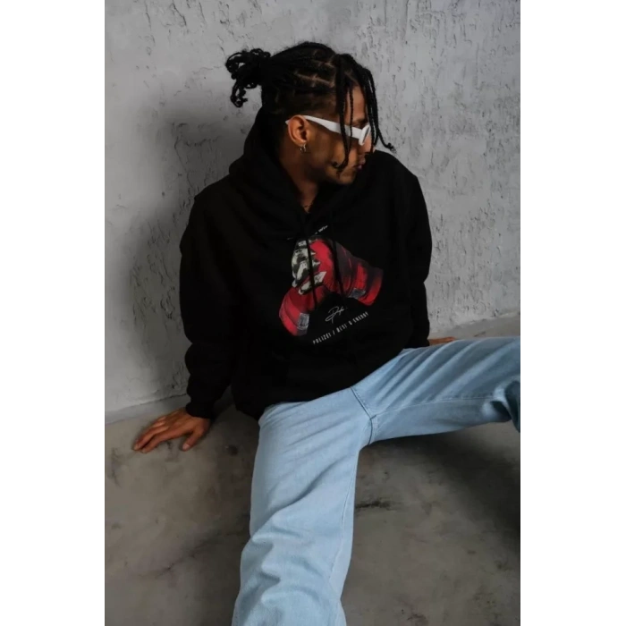 MARSiLYAN- Erkek Eldiven Baskılı Kapüşonlu Sweat - Siyah