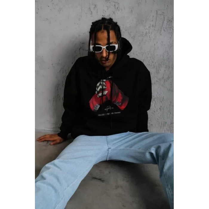 MARSiLYAN- Erkek Eldiven Baskılı Kapüşonlu Sweat - Siyah