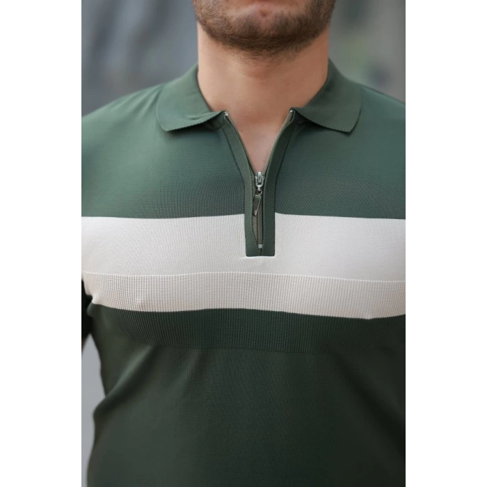 MARSiLYAN- Erkek Fermuar Yakalı şerit Renk Desenli Kısa Kollu Tişört