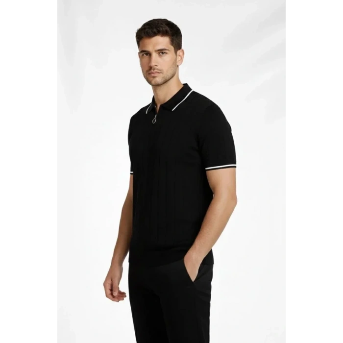 MARSiLYAN- Erkek Fermuarlı Yaka Fitilli Triko Kısa Kollu Regular Fit Tişört T-shirt - Siyah