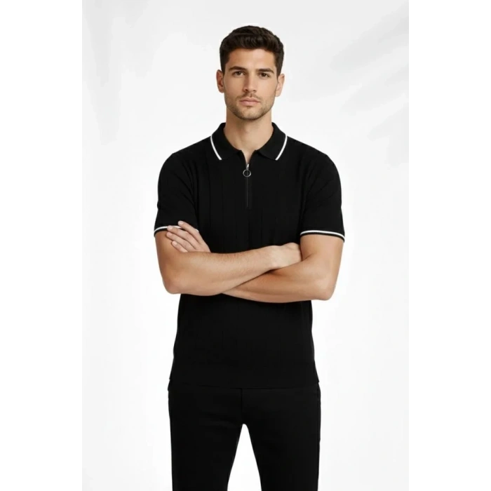 MARSiLYAN- Erkek Fermuarlı Yaka Fitilli Triko Kısa Kollu Regular Fit Tişört T-shirt - Siyah