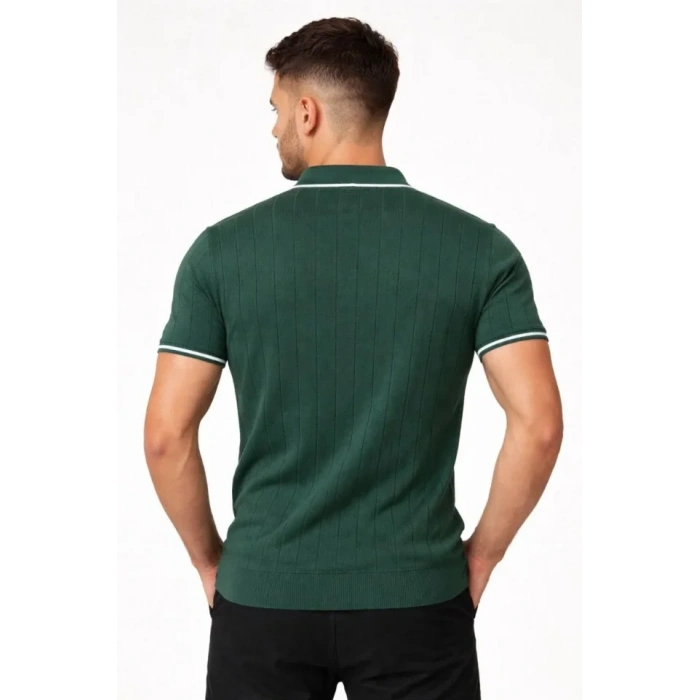 MARSiLYAN- Erkek Fermuarlı Yaka Fitilli Triko Kısa Kollu Regular Fit Tişört T-shirt - Yeşil