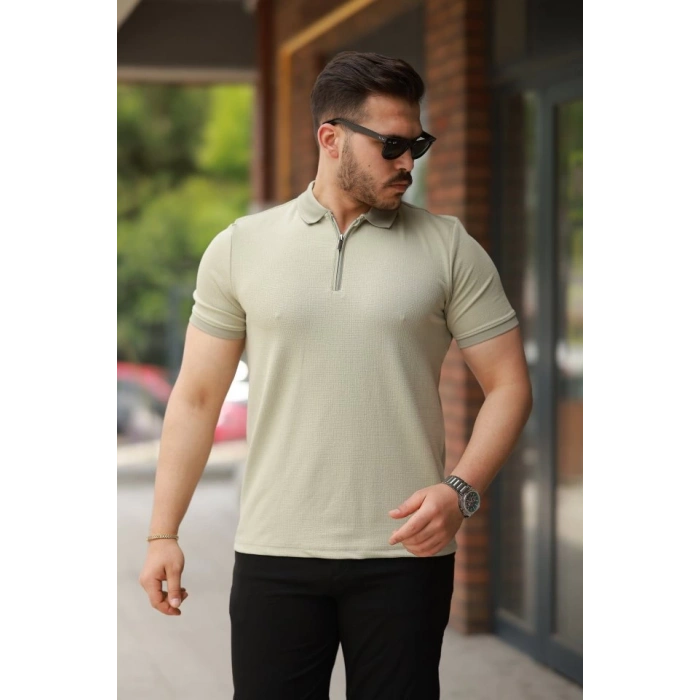 MARSiLYAN- Erkek Fermuarlı Yaka Kısa Kollu Tişört