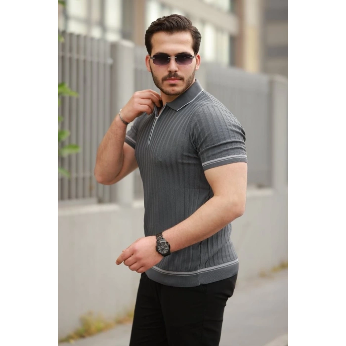 MARSiLYAN- Erkek Fermuarlı Yakalı Kısa Kollu T-shirt