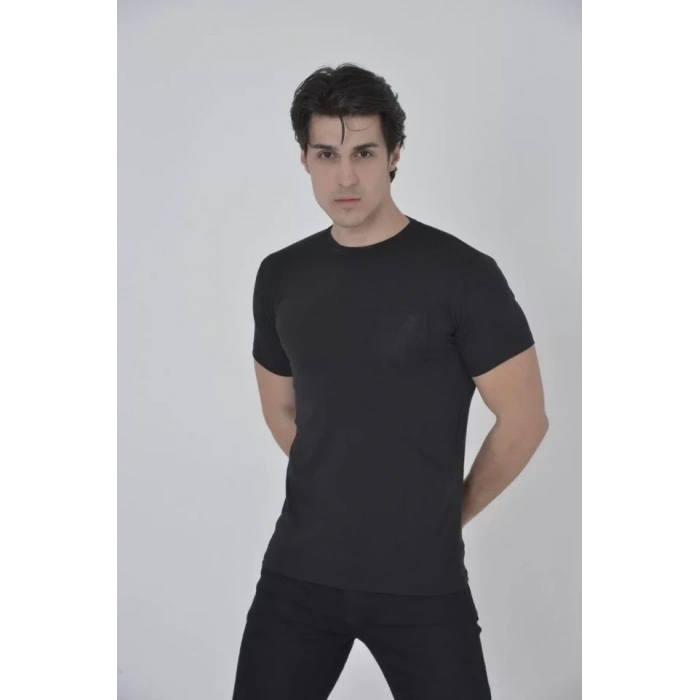 MARSiLYAN- Erkek File Cepli Slim Fit T-shirt - Siyah