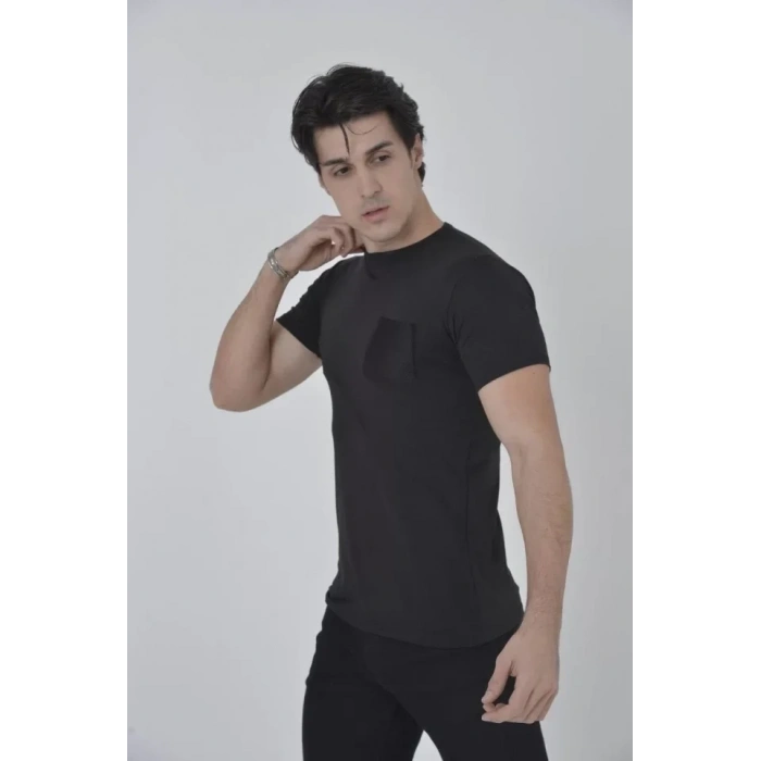 MARSiLYAN- Erkek File Cepli Slim Fit T-shirt - Siyah