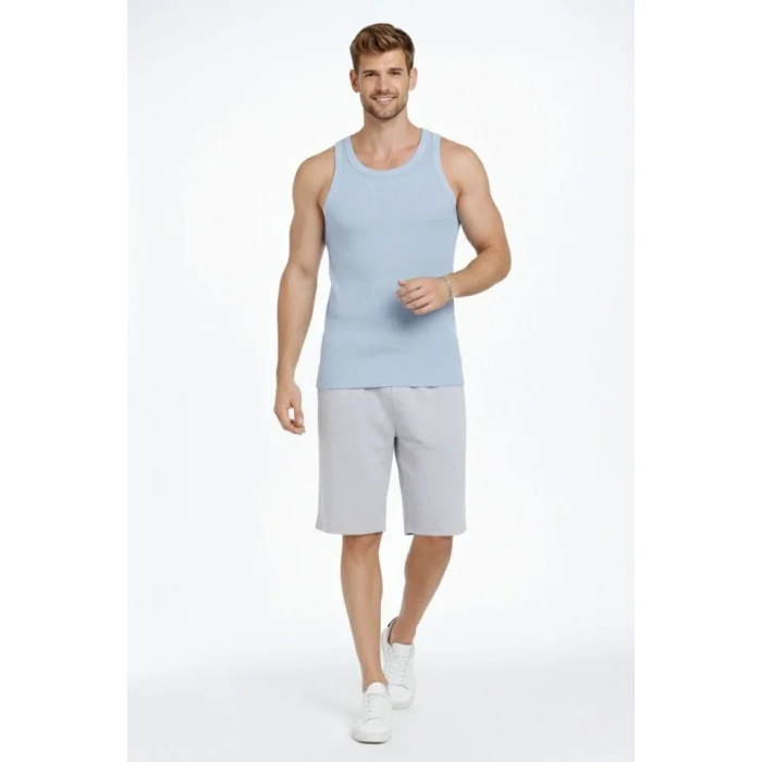 MARSiLYAN- Erkek Fitilli Atlet Sıfır Yaka Slim Fit Arka Baskılı Spor Atlet - Bebe Mavisi