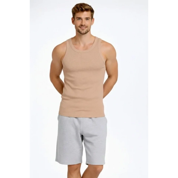MARSiLYAN- Erkek Fitilli Atlet Sıfır Yaka Slim Fit Arka Baskılı Spor Atlet - Bej