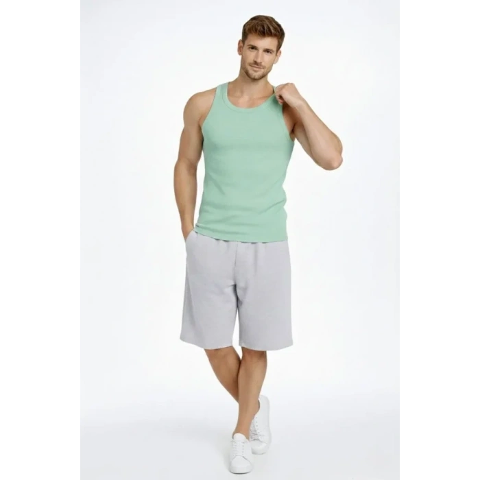 MARSiLYAN- Erkek Fitilli Atlet Sıfır Yaka Slim Fit Arka Baskılı Spor Atlet - Mint Yeşili