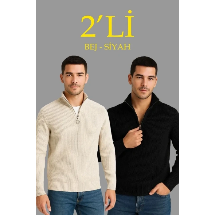 MARSiLYAN- Erkek Fitilli Triko Kazak 2’li Set – Siyah - Bej Kalın Dokuma Pamuklu Regular Fit V Yaka Fermuarlı Uzun Kollu Rahat Kışlık Kazak Kombini