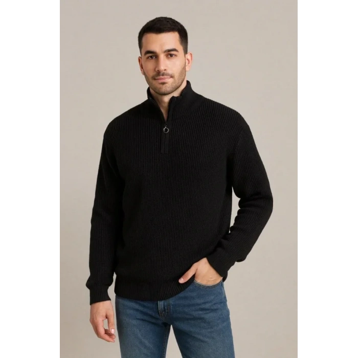 MARSiLYAN- Erkek Fitilli Triko Kazak 2’li Set – Siyah - Bej Kalın Dokuma Pamuklu Regular Fit V Yaka Fermuarlı Uzun Kollu Rahat Kışlık Kazak Kombini