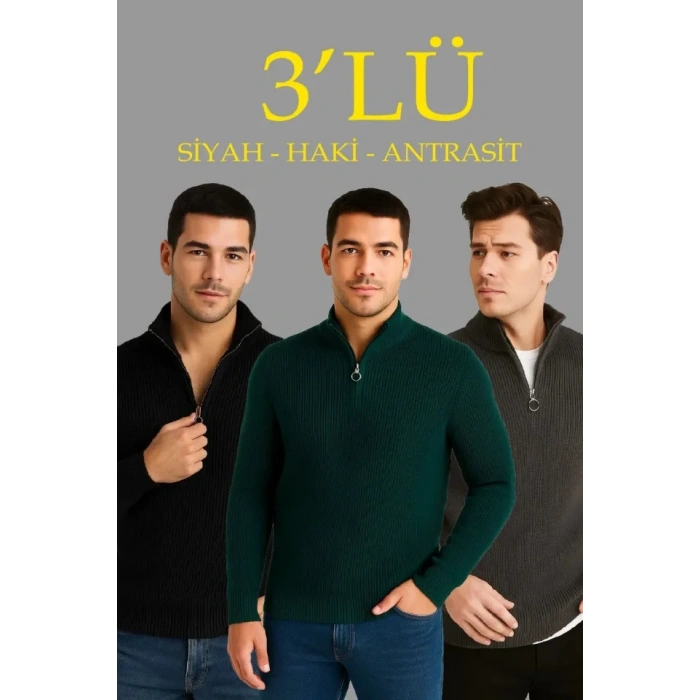 MARSiLYAN- Erkek Fitilli Triko Kazak 3’lü Set – Haki, Siyah, Antrasit Kalın Dokuma Pamuklu Regular Fit V Yaka Fermuarlı Uzun Kollu Rahat Kışlık Kazak Kombini