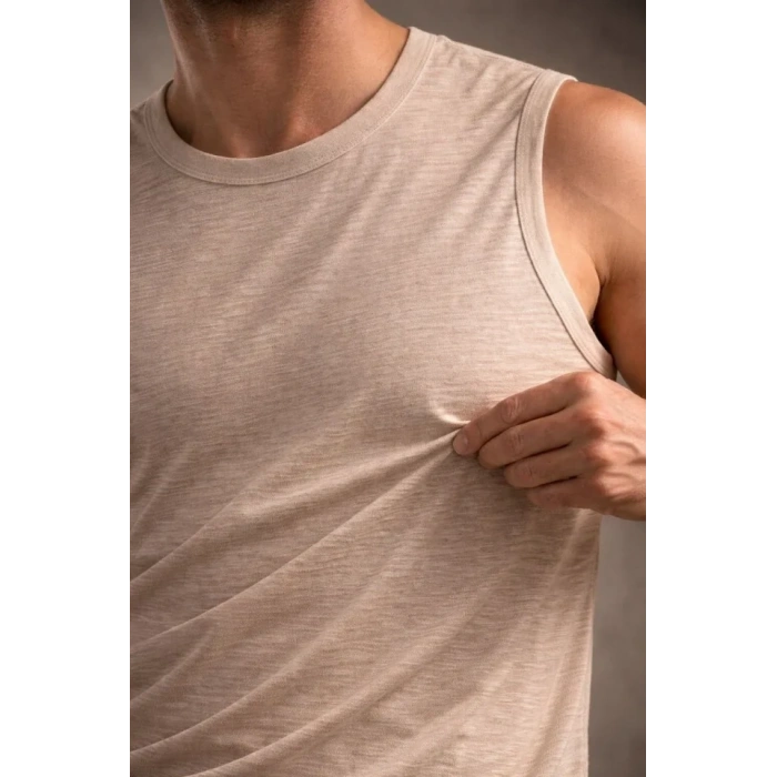 MARSiLYAN- Erkek Flamlı Kumaş Sıfır Kolsuz Atlet Basic Spor Üst, Günlük Ve Fitness Kullanımına Uygun - Taş