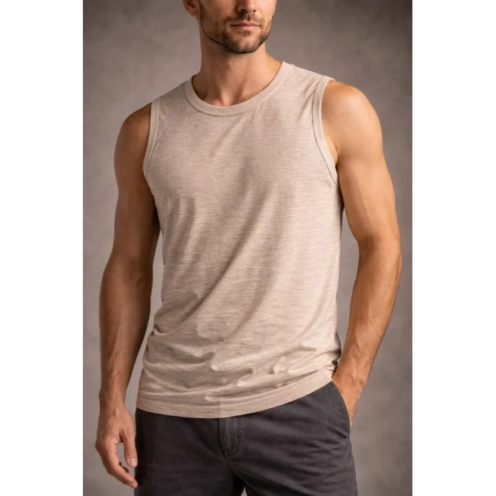 MARSiLYAN- Erkek Flamlı Kumaş Sıfır Kolsuz Atlet Basic Spor Üst, Günlük Ve Fitness Kullanımına Uygun - Taş