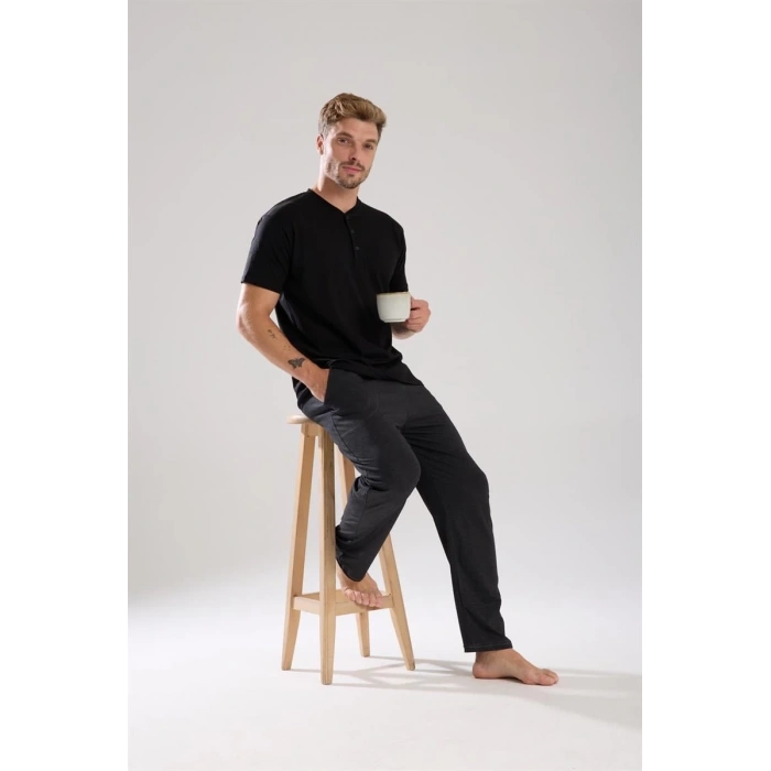 MARSiLYAN- Erkek Füme Düğmeli Yaka Kısa Kol Pijama Takımı