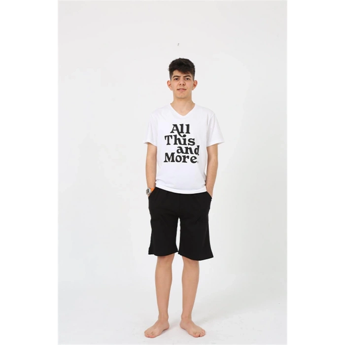 MARSiLYAN- Erkek Genç Garson Boy Kısa Kol Beyaz Penye Şortlu Pijama Takımı