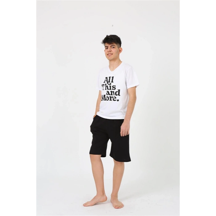 MARSiLYAN- Erkek Genç Garson Boy Kısa Kol Beyaz Penye Şortlu Pijama Takımı