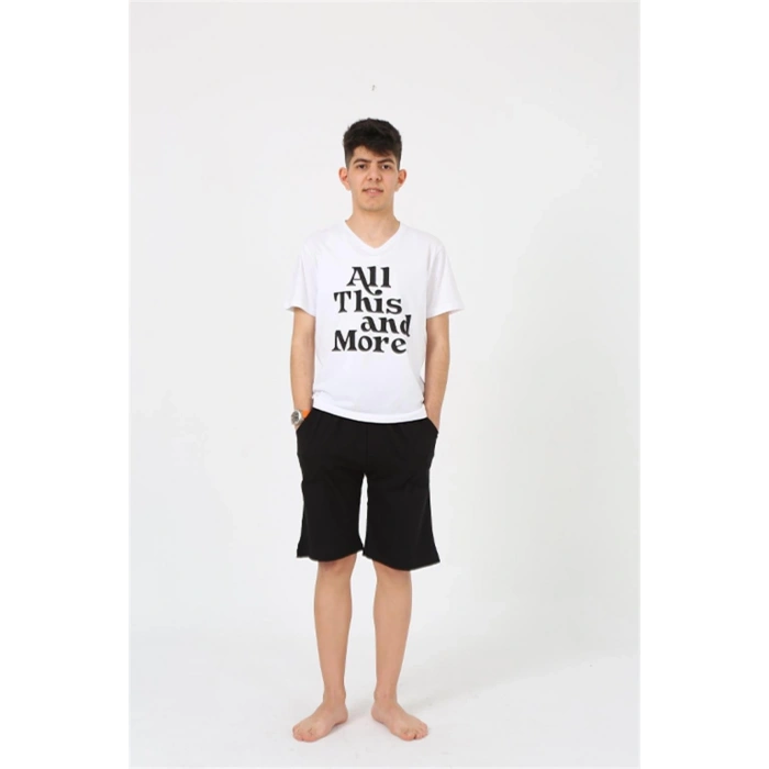 MARSiLYAN- Erkek Genç Garson Boy Kısa Kol Beyaz Penye Şortlu Pijama Takımı