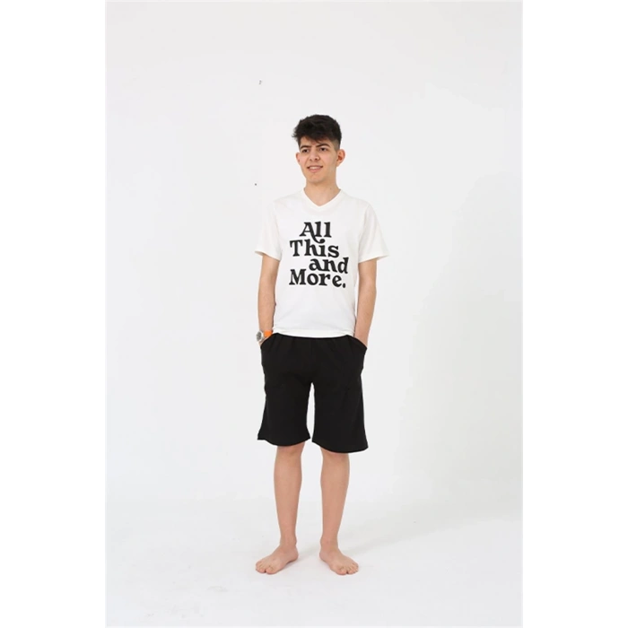 MARSiLYAN- Erkek Genç Garson Boy Kısa Kol Ekru Penye Şortlu Pijama Takımı