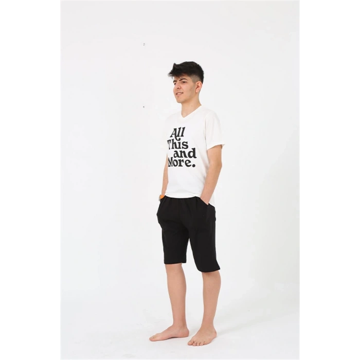 MARSiLYAN- Erkek Genç Garson Boy Kısa Kol Ekru Penye Şortlu Pijama Takımı