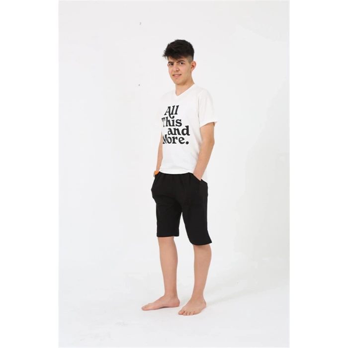 MARSiLYAN- Erkek Genç Garson Boy Kısa Kol Ekru Penye Şortlu Pijama Takımı