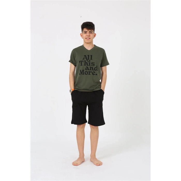 MARSiLYAN- Erkek Genç Garson Boy Kısa Kol Haki Penye Şortlu Pijama Takımı