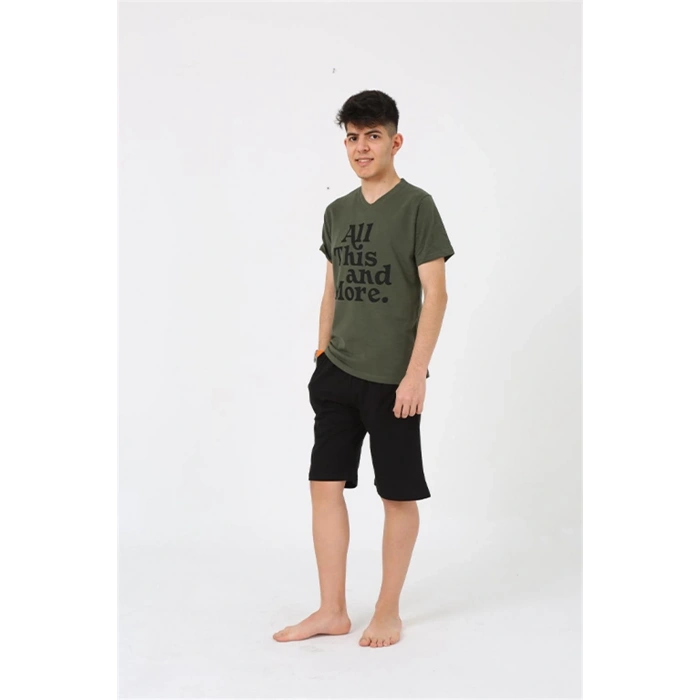 MARSiLYAN- Erkek Genç Garson Boy Kısa Kol Haki Penye Şortlu Pijama Takımı