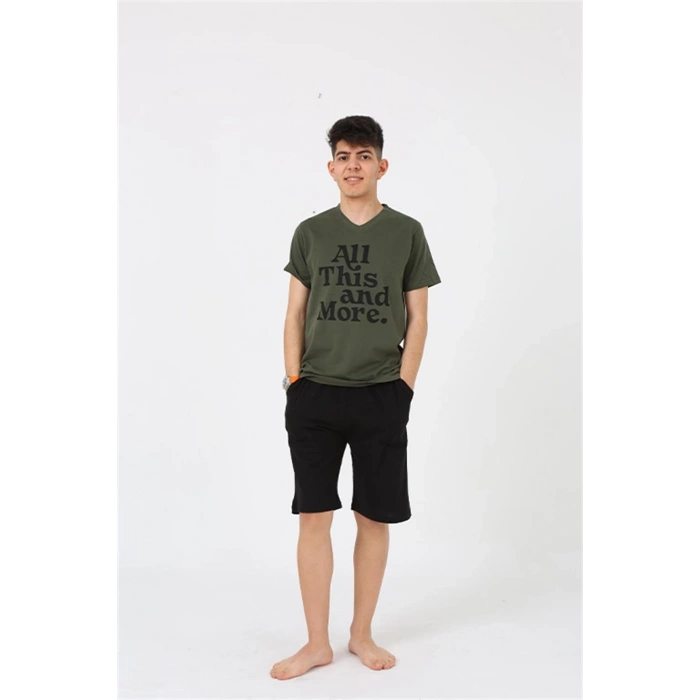 MARSiLYAN- Erkek Genç Garson Boy Kısa Kol Haki Penye Şortlu Pijama Takımı