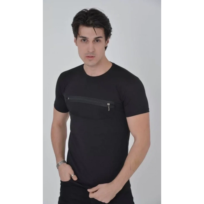 MARSiLYAN- Erkek Göğüste Fermuar Aksesuarlı Dar Kalıp T-Shirt - Siyah