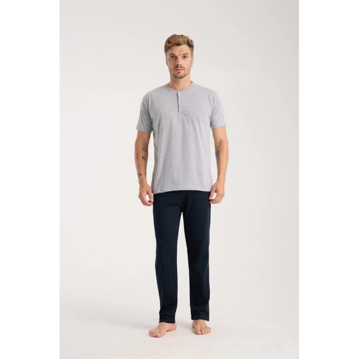MARSiLYAN- Erkek Gri Düğmeli Yaka Kısa Kol Pijama Takımı
