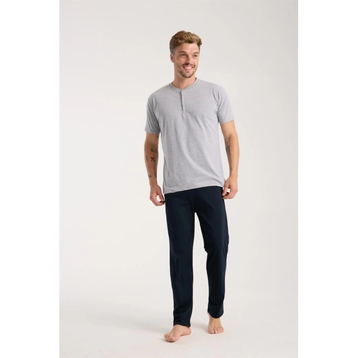 MARSiLYAN- Erkek Gri Düğmeli Yaka Kısa Kol Pijama Takımı