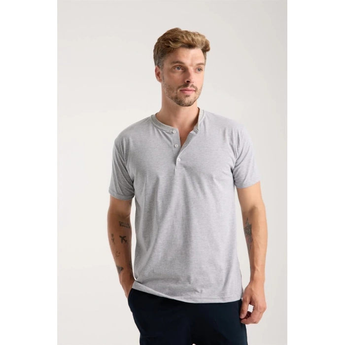 MARSiLYAN- Erkek Gri Düğmeli Yaka Kısa Kol Pijama Takımı