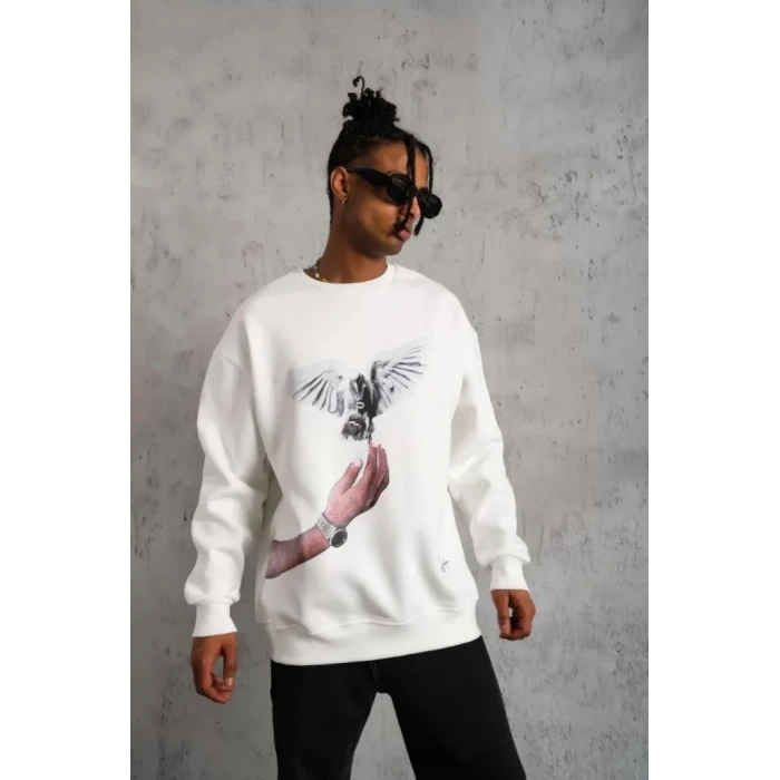 MARSiLYAN- Erkek Güvercin Baskılı Sweatshirt - Beyaz
