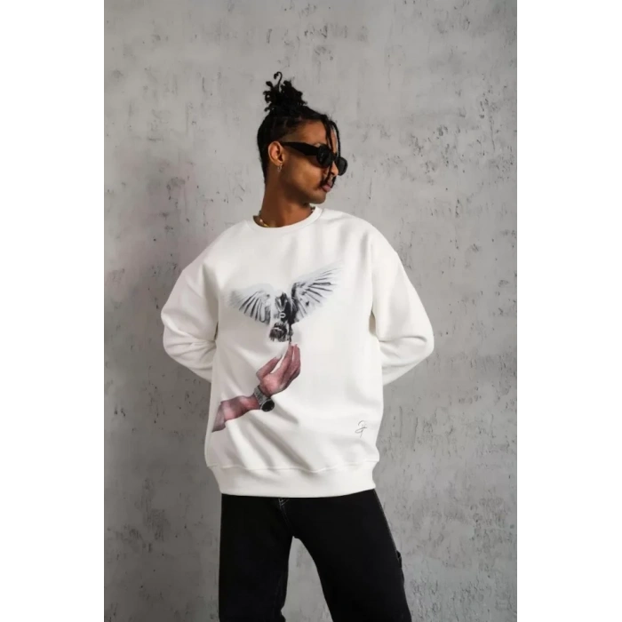 MARSiLYAN- Erkek Güvercin Baskılı Sweatshirt - Beyaz