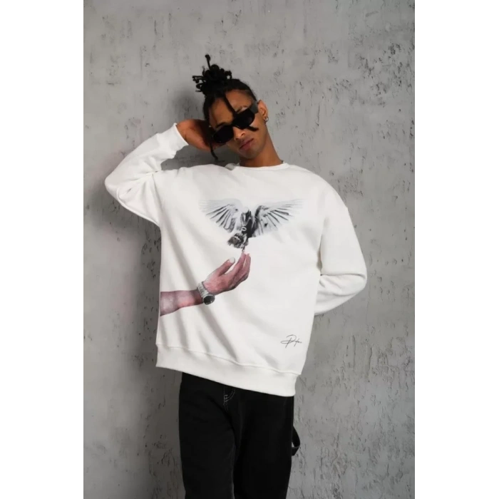 MARSiLYAN- Erkek Güvercin Baskılı Sweatshirt - Beyaz