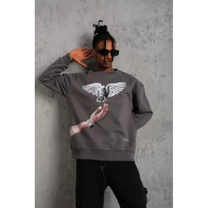 MARSiLYAN- Erkek Güvercin Baskılı Sweatshirt - Gri
