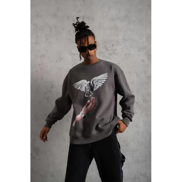 MARSiLYAN- Erkek Güvercin Baskılı Sweatshirt - Gri