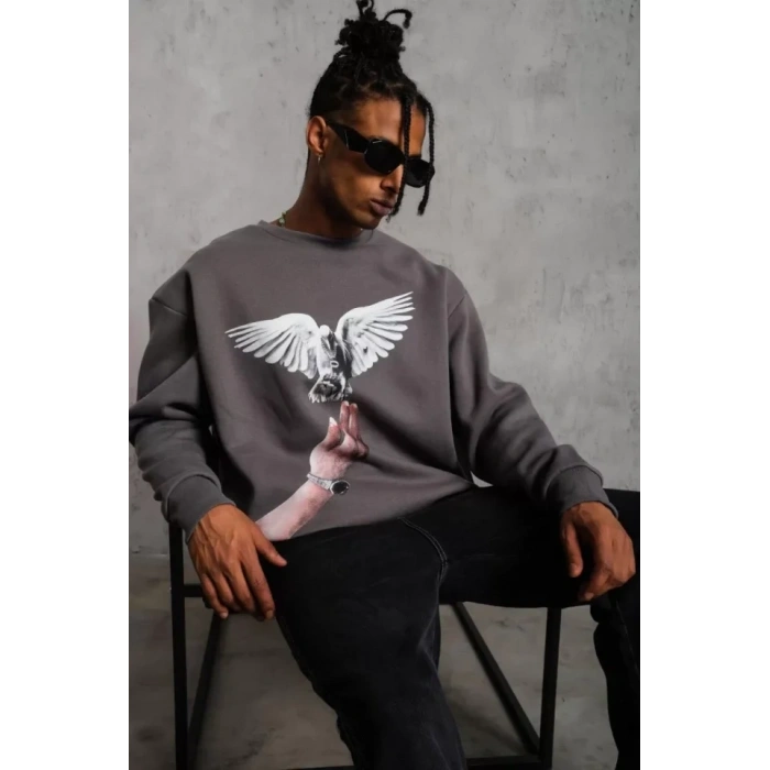 MARSiLYAN- Erkek Güvercin Baskılı Sweatshirt - Gri