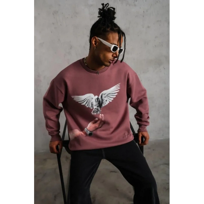 MARSiLYAN- Erkek Güvercin Baskılı Sweatshirt - Gül Kurusu