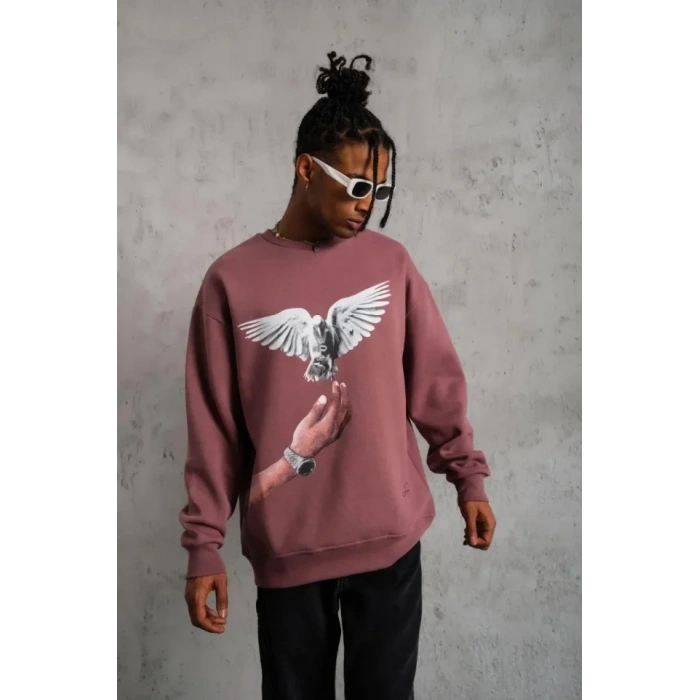 MARSiLYAN- Erkek Güvercin Baskılı Sweatshirt - Gül Kurusu