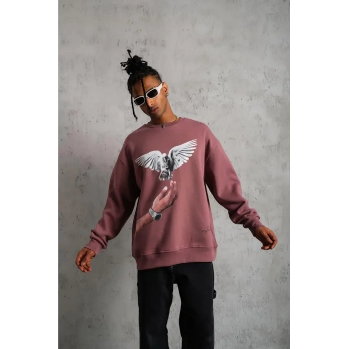 MARSiLYAN- Erkek Güvercin Baskılı Sweatshirt - Gül Kurusu