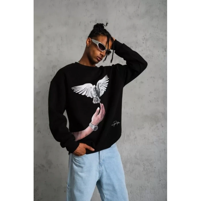 MARSiLYAN- Erkek Güvercin Baskılı Sweatshirt - Siyah