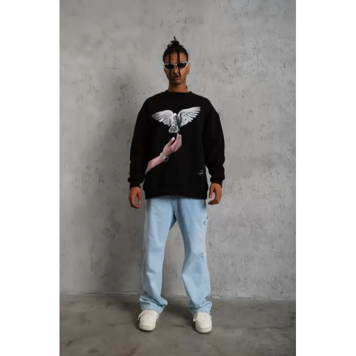 MARSiLYAN- Erkek Güvercin Baskılı Sweatshirt - Siyah