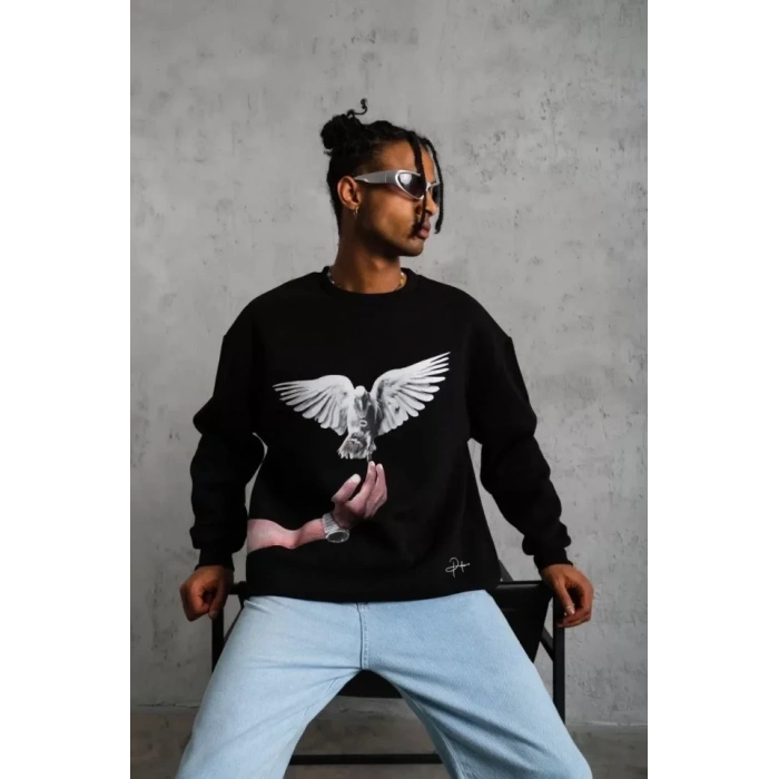MARSiLYAN- Erkek Güvercin Baskılı Sweatshirt - Siyah
