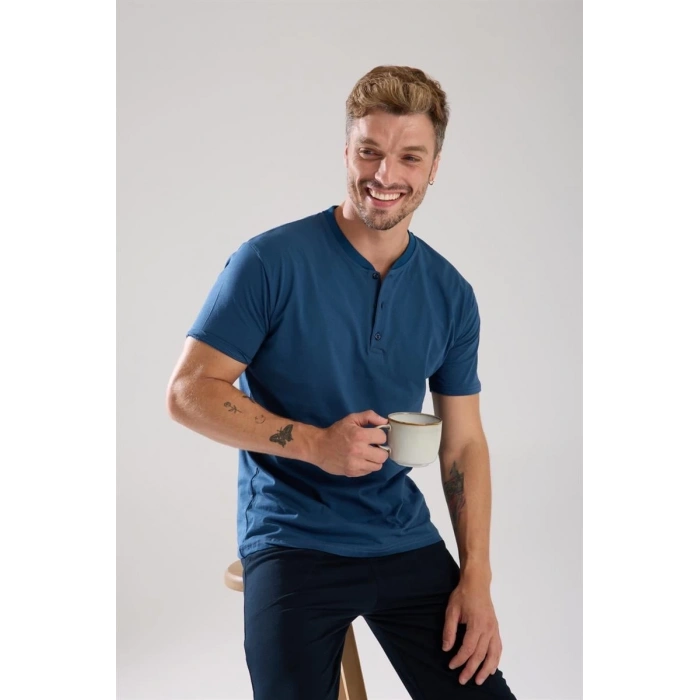 MARSiLYAN- Erkek İndigo Düğmeli Yaka Kısa Kol Pijama Takımı